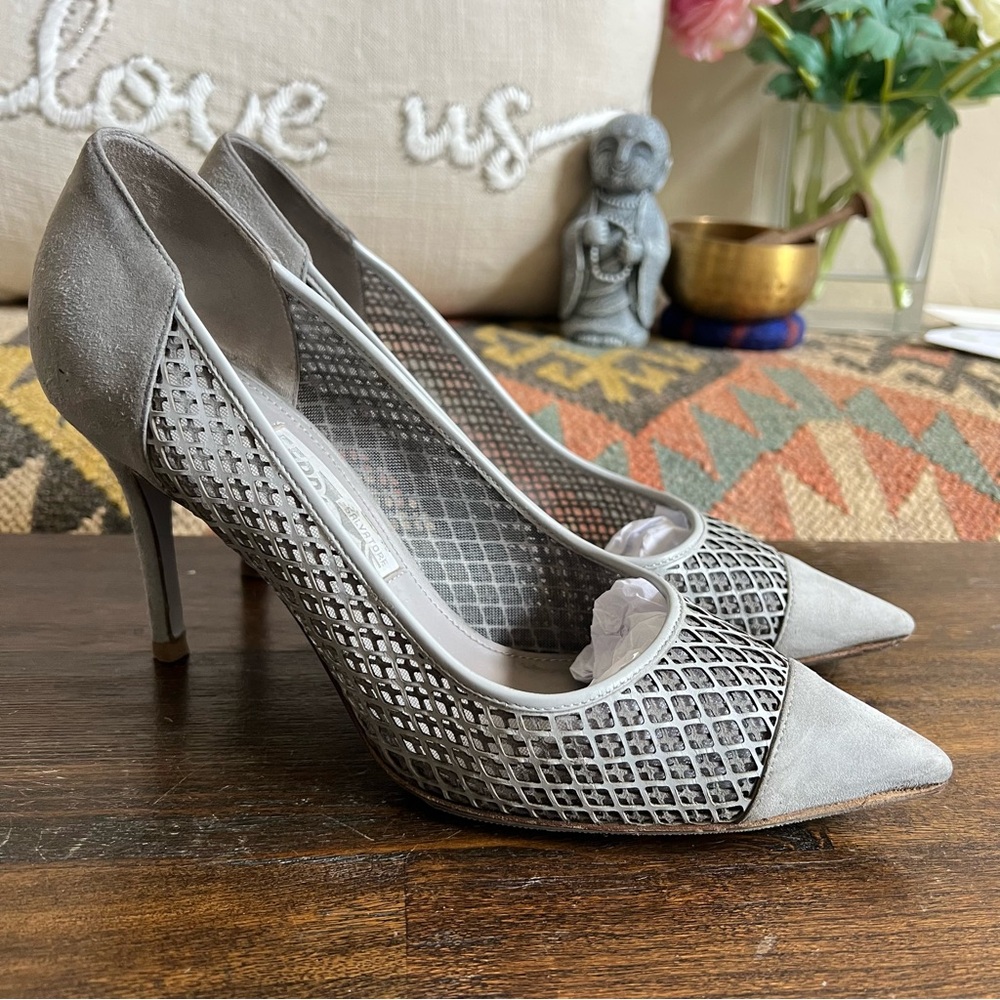 Salvatore Ferragamo Gray Laser Mesh Cut Leather And Suede Pointed Toe Heels US7